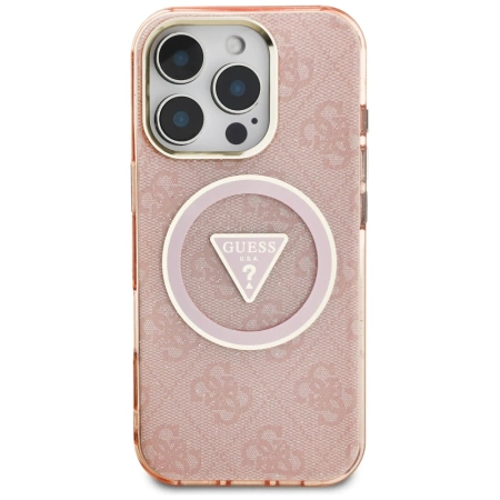 Guess IML Metal Glitter 4G Circle Triangle MagSafe Case für iPhone 16 Pro - Rosa