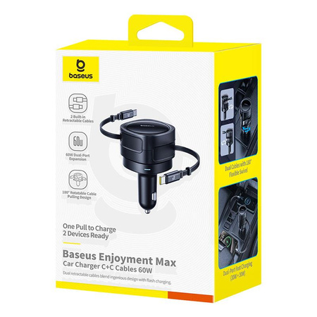 Baseus Enjoyment Max Ładowarka Samochodowa C+C Kable 60W Kosmiczna Czerń