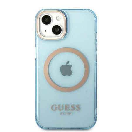 Original Handyhülle IPHONE 13 Guess Hard Case Gold Outline Translucent MagSafe (GUHMP13MHTCMB) blau