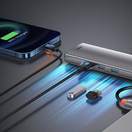 Baseus Metal Gleam 9w1 wielofunkcyjny HUB USB Typ C - 3x USB 3.2 Gen 1 5Gbps / USB Typ C PD 100W / VGA Full HD 60Hz / HDMI 4K 30Hz / czytnik kart TF i SD / RJ45 1Gbps szary (CAHUB-CU0G)