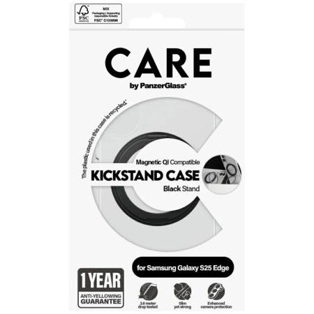 CARE by PanzerGlass Feature Black Kickstand &amp; QI Case for Samsung Galaxy S25 Edge - Transparent