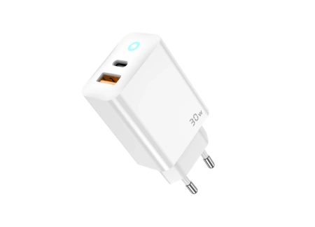 JELLICO ładowarka sieciowa EU13 GaN PD 30W 1xUSB-C + 1xUSB QC3.0 + kabel USB-C - Lightning Biały