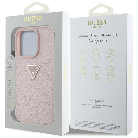 Schutzhülle IPHONE 16 PRO MAX Guess Hot Stamp 4G Pattern Triangle Metal Logo rosa
