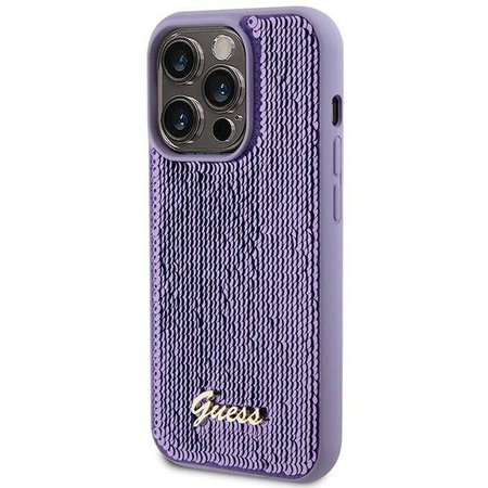 Guess Pailletten-Schriftzug-Metallgehäuse für iPhone 15 Pro – Lila