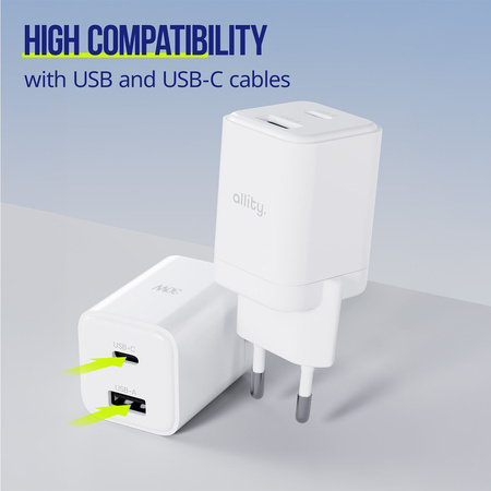 Allity ładowarka sieciowa GaN PD QC ATC-01-30WAC 1x USB-C 1x USB-A 30W biała