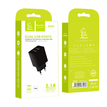 ŁADOWARKA SIECIOWA 2.1A 10W  BIAŁA DENMEN 2100mA 2xUSB DC02 SINGLE