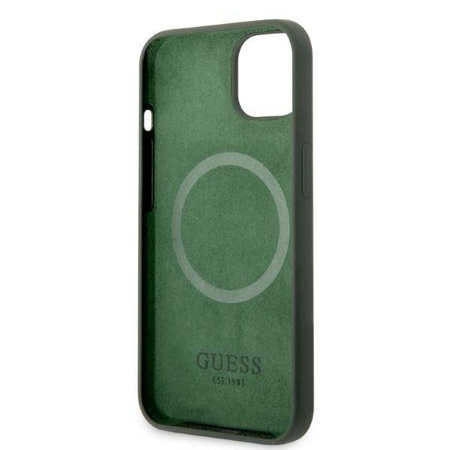 Original Handyhülle IPHONE 13 Guess Hard Case Silicone Logo Plate MagSafe (GUHMP13MSBPLA) grün
