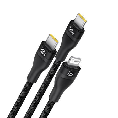 Kabel 3w1 Baseus Flash Series 3 100W USB-C - USB-C+USB-C+Lightning 1,5m + 3 x 0,25 m - czarny