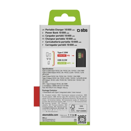 Powerbank SBS 20000 mAh 20W mit integriertem USB-C-Kabel und Digitalanzeige - schwarz