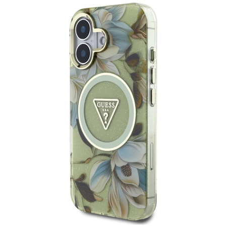 Case IPHONE 16 Guess Glitter Flowers Triangle Buttons MagSafe green