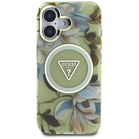 Case IPHONE 16 Guess Glitter Flowers Triangle Buttons MagSafe green