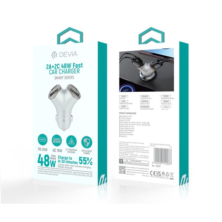 Devia ładowarka samochodowa Smart PD 48W 2x USB 2x USB-C srebrna