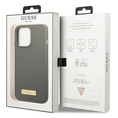 Original Handyhülle IPHONE 13 PRO Guess Hard Case Silicone Logo Plate MagSafe (GUHMP13LSPLG) grau