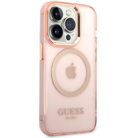 Original Case IPHONE 14 PRO MAX Guess Hard Case Gold Outline Translucent MagSafe (GUHMP14XHTCMP) pink