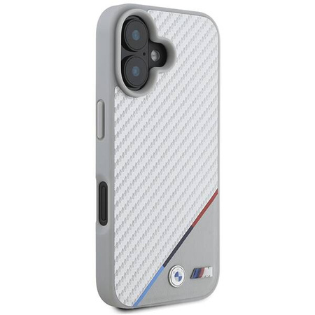 Original Handyhülle IPHONE 16 BMW Hardcase M Carbon Tricolor Line MagSafe (BMHMP16S23PUDTS) grau