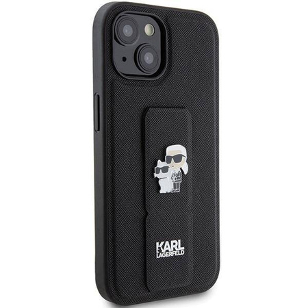 Karl Lagerfeld Gripstand Saffiano Karl&amp;Choupette Pins Hülle für iPhone 15 Plus / 14 Plus – Schwarz