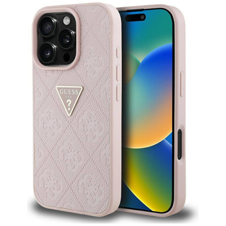 Schutzhülle IPHONE 16 PRO Guess Hot Stamp 4G Pattern Triangle Metal Logo rosa