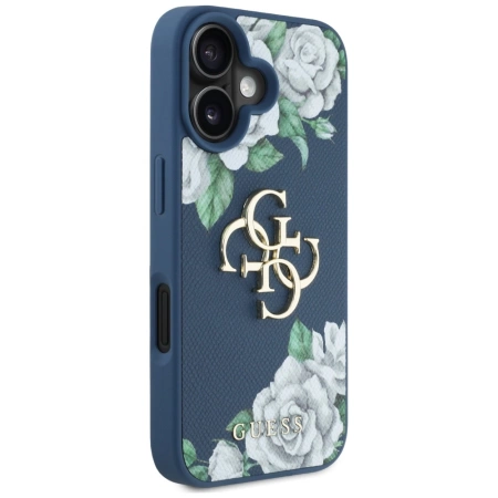 Etui Guess Grained Roses Big 4G logo na iPhone 16 - niebieskie