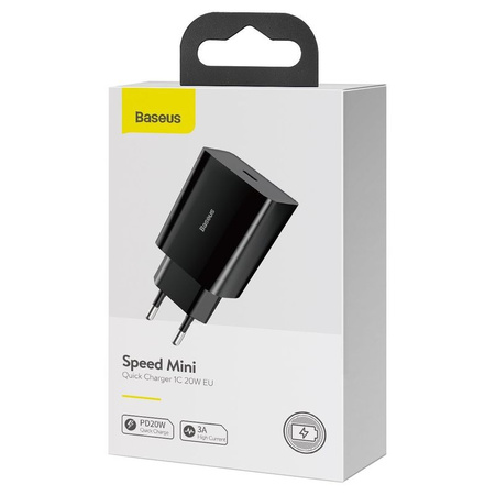 Baseus Speed Mini ładowarka sieciowa zasilacz EU do szybkiego ładowania USB Typ C 20W 3A czarny (CCFS-SN01)