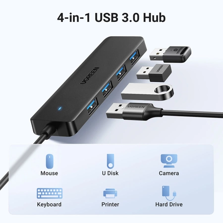 HUB Ugreen CM219 z 4 portami USB-A 3.0 i kablem USB-A 3.0 - czarny