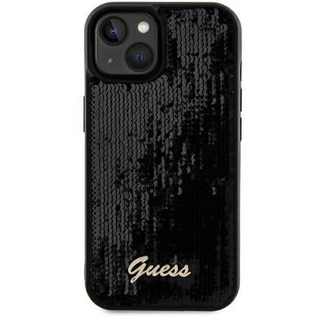 Guess Pailletten Script Metallhülle für iPhone 15 – Schwarz