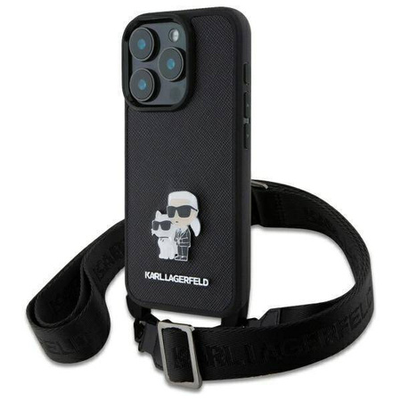 Original Handyhülle IPHONE 16 PRO Karl Lagerfeld Hardcase Saffiano Karl&Choupette Metal Pin CBDY Strap (KLHCP16LSAKCPBK) schwarz