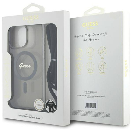 Original Handyhülle IPHONE 16 PRO Guess Hardcase Crossbody Cord Script MagSafe (GUHMP16LHCTSGNSK) schwarz