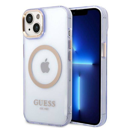 Guess Gold Outline Translucent MagSafe - Etui iPhone 14 (fioletowy)
