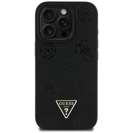 Guess Grained Hot Stamp Peony Triangle Logo MagSafe - Etui do iPhone 16 Pro (czarny)