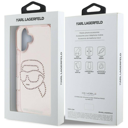 Original Case IPHONE 16 Karl Lagerfeld Hardcase IML Rhinestones Karl Head pink