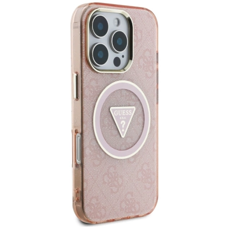 Guess IML Metal Glitter 4G Circle Triangle MagSafe Case für iPhone 16 Pro - Rosa
