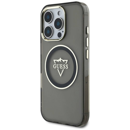 Original Handyhülle IPHONE 16 PRO Guess IML Metal Mountain Logo MagSafe schwarz