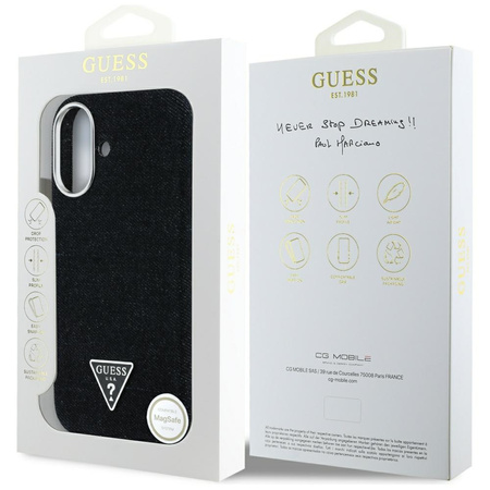 Original Handyhülle IPHONE 16 Guess Denim Triangle Logo MagSafe schwarz