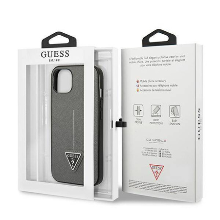 Original Handyhülle IPHONE 14 Guess Hardcase Saffianotriangle Logo (GUHCP14SPSATLG) silber