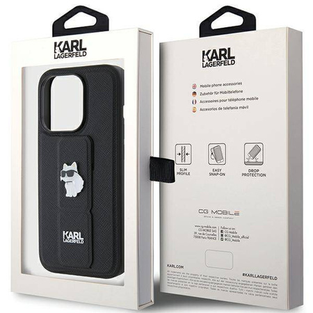 Etui Karl Lagerfeld Gripstand Saffiano Choupette Pins na iPhone 15 Pro - czarne