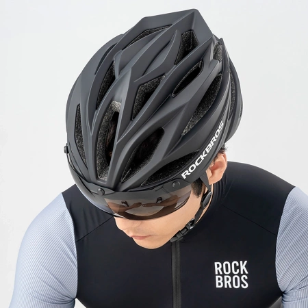 Rockbros Bike Helmet with Visor, Detachable UV Protective Goggles, Unisex - Black