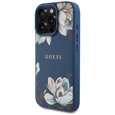 Etui IPHONE 16 PRO MAX Guess Grained Printed Flower Pattern MagSafe niebieskie