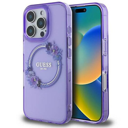 Original Handyhülle IPHONE 16 PRO Guess Hardcase IML Flowers Wreath MagSafe (GUHMP16LHFWFCU) lila