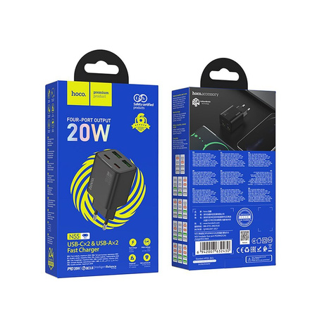 Ładowarka sieciowa do telefonu Hoco 2 x USB C + 2 x USB A QC3.0 PD 3A 20W N55 czarna