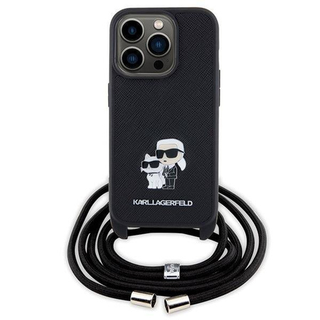 Karl Lagerfeld Crossbody Saffiano Metal Pin Karl &amp; Choupette Hülle für iPhone 15 Pro – Schwarz