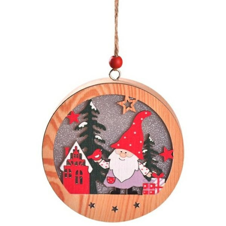 Lampka Świąteczna Drewniana Skrzat i domek - Okrągła