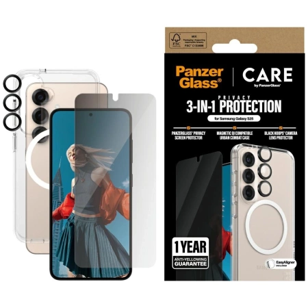 Zestaw ochronny CARE by PanzerGlass Flagship 3w1 Etui+Szkło Prywatyzujące+Lens do Samsung Galaxy S25