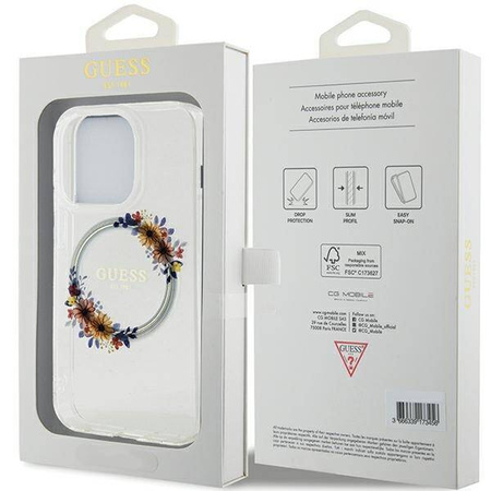 Oryginalne Etui GUESS Hardcase GUHMP15XHFWFCT do iPhone 15 Pro Max (Kompatybilny z Magsafe / Flowers Wreath / transparent)