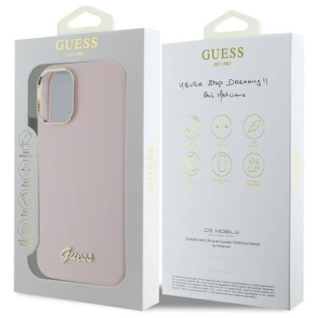 Original Handyhülle IPHONE 16 PLUS Guess Hardcase Silicone Script Metal Logo & Frame (GUHCP16MSMBSLP) rosa