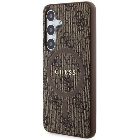 Guess 4G Collection Leder Metall Logo MagSafe Hülle für Samsung Galaxy S24 – Braun