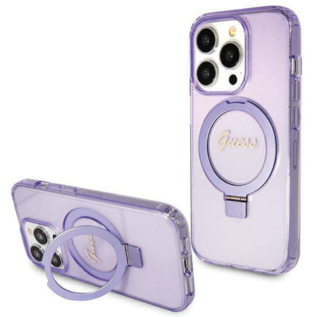 Guess Ring Stand Script Glitter MagSafe-Hülle für iPhone 15 Pro Max – Lila