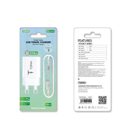 ŁAD SIEC T-PHOX POCKET SERIES 2xUSB TCC-224 2.4A 12W + KABEL USB-C 1M WHITE