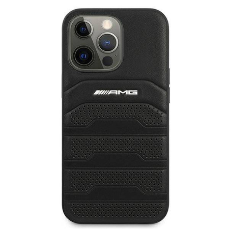 AMG nakładka do iPhone 13 6,1" AMHCP13LGSEBK czarna HC Leather Debossed Lines White Logo