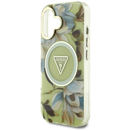 Case IPHONE 16 Guess Glitter Flowers Triangle Buttons MagSafe green