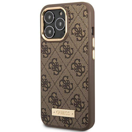 Original Handyhülle IPHONE 14 PRO Guess Hard Case 4G Logo Plate MagSafe (GUHMP14LU4GPRW) braun